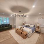 master bedroom with custom window treatments