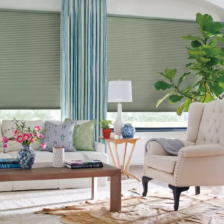 Window shades and custom drapery in green
